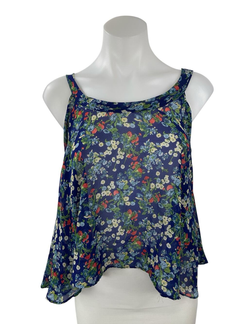 Millau Women's Blue Floral Sleeveless Boxy Swing A Line Cami Tank Blouse Top S